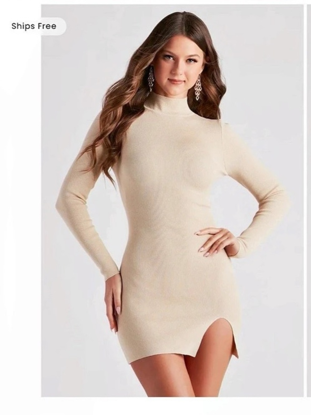Windsor Classic Chic Mock Neck Sweater Dress in Cream